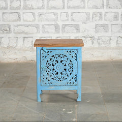 Indian Solid Wood Hand Carved Bedside Blue