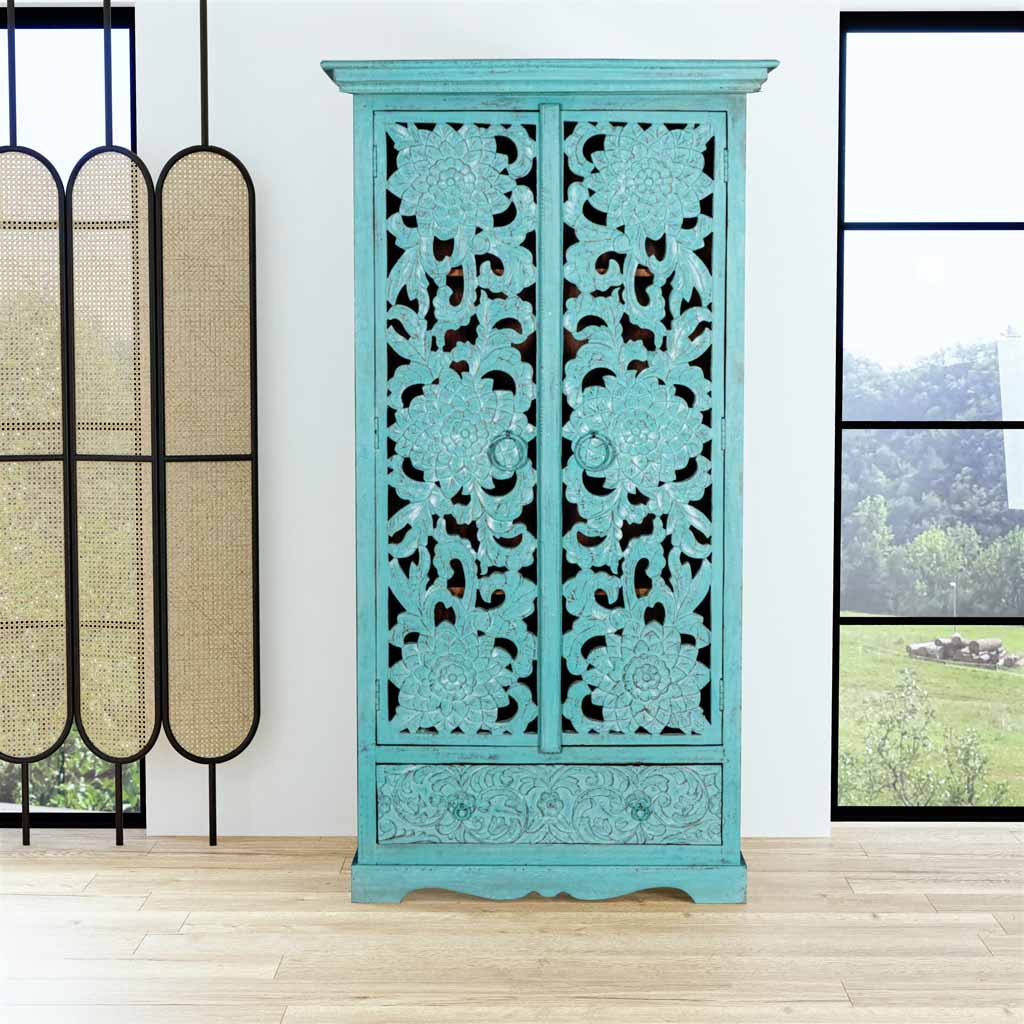 Kalah Solid Mango Wood Indian Hand Carved Wardrobe C5