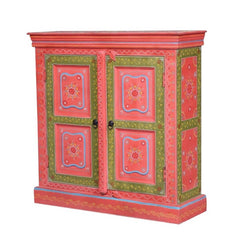 Bleached Hand Painted Indian Solid Wood Floral Design Storage Cabinet