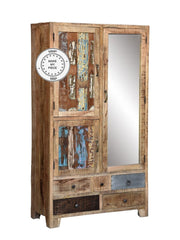 Lava Industrial Indian Solid Wood Display Wardrobe Cabinet With Mirror