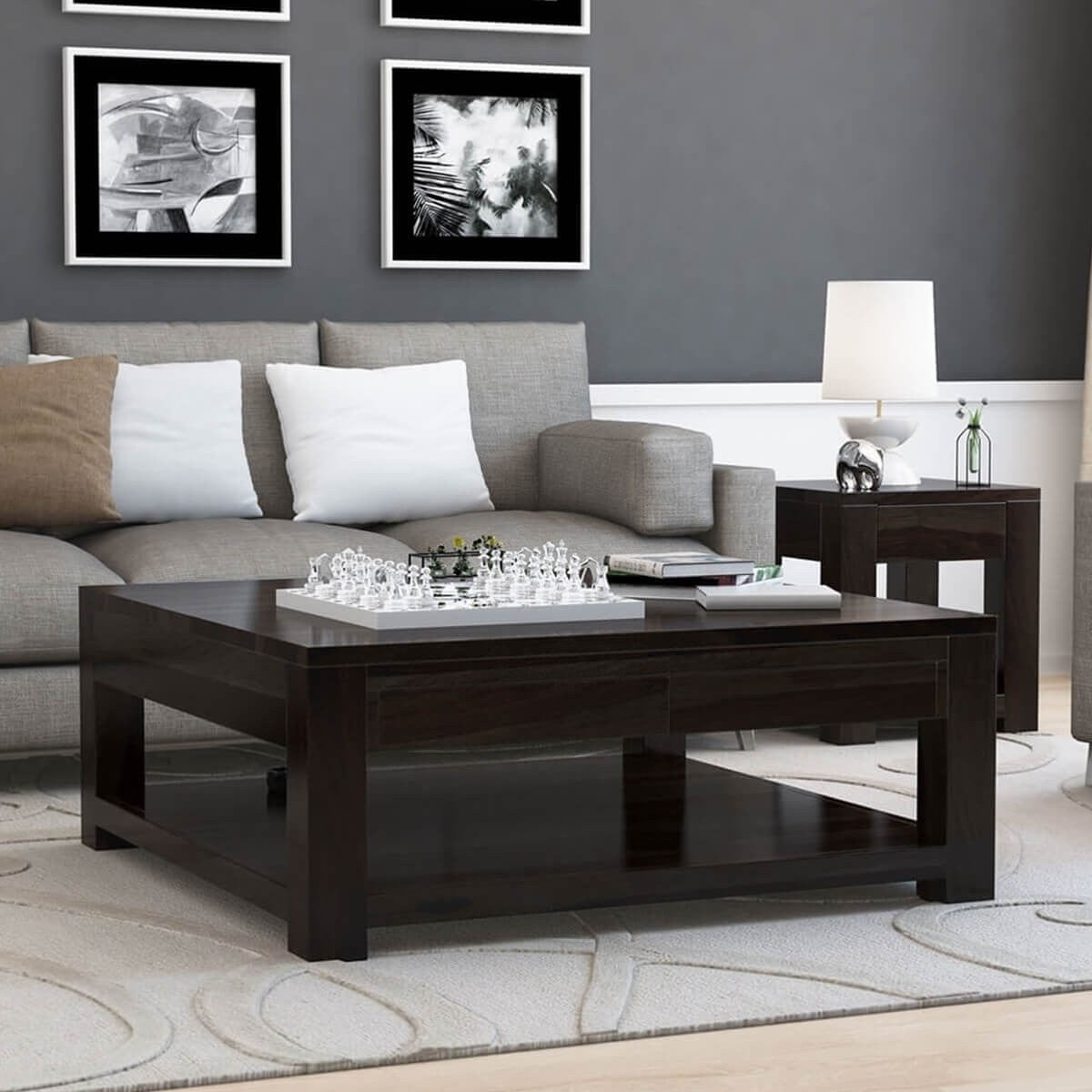 Boston Large Square Coffee Table Solid Wood Contemporary Style Black