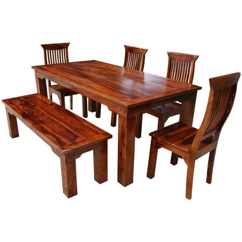 Rustic Solid Wood Casual Dining Table Chair Set w Bench