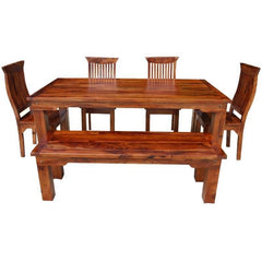 Rustic Solid Wood Casual Dining Table Chair Set w Bench