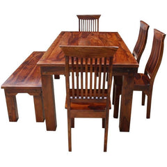 Rustic Solid Wood Casual Dining Table Chair Set w Bench