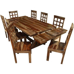 Rustic Hardwood Double-X Pedestal Extendable Dining Table Chair Set