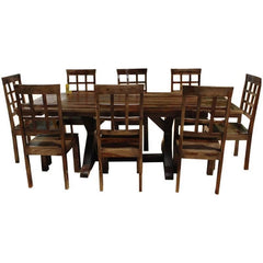 Rustic Hardwood Double-X Pedestal Extendable Dining Table Chair Set