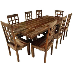 Rustic Hardwood Double-X Pedestal Extendable Dining Table Chair Set