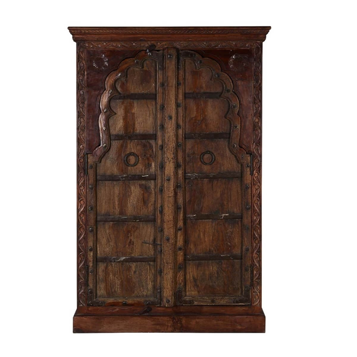 Mughal Garden Hand Carved Indian Solid Wood Tall Storage Cabinet