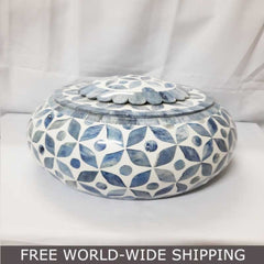 Real Bone Inlay Designer Luxury Oval Jewellery Box Gift Storage Blue Floral