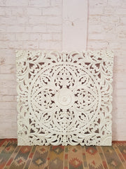 Floral Beautiful Hand Carved Indian Solid Wood Bed Panel / Bed Head 20% White Wash 200x200cm