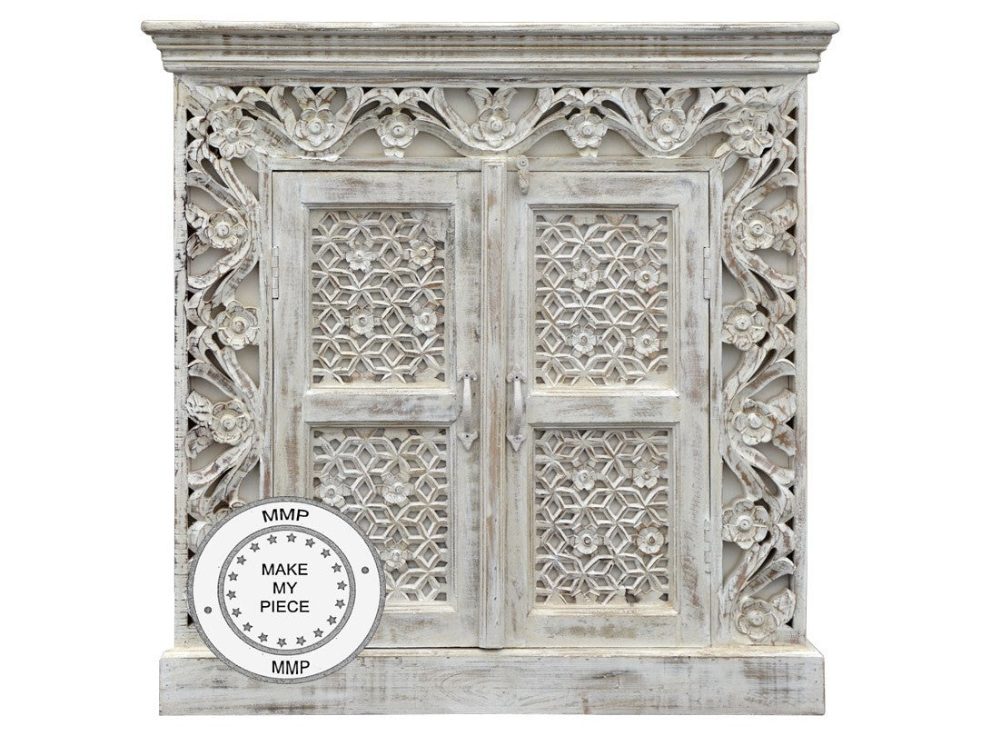 Mandala Indian Hand Carved Small Cabinet White