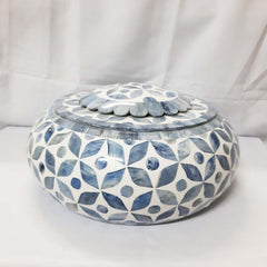 Real Bone Inlay Designer Luxury Oval Jewellery Box Gift Storage Blue Floral