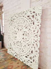 Floral Beautiful Hand Carved Indian Solid Wood Bed Panel / Bed Head 20% White Wash 200x200cm