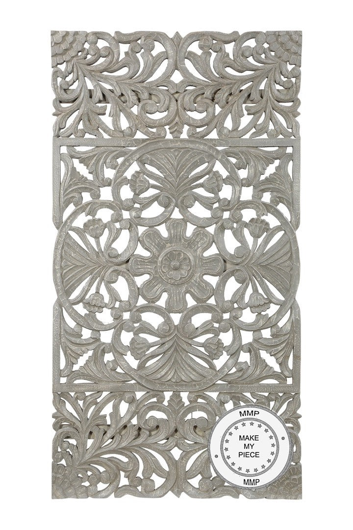 Dynasty Hand Carved Indian Solid Wood Oriental Carved Panel Gray