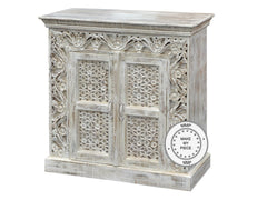 Mandala Indian Hand Carved Small Cabinet White