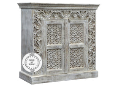 Mandala Indian Hand Carved Small Cabinet White