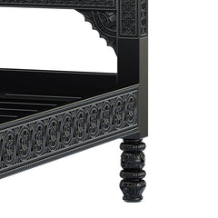 Floral Hand Carved Indian Solid Wood Platform Bed With Mehrab Style Headboard