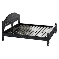 Floral Hand Carved Indian Solid Wood Platform Bed With Mehrab Style Headboard