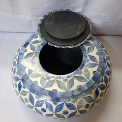 Real Bone Inlay Designer Luxury Oval Jewellery Box Gift Storage Blue Floral