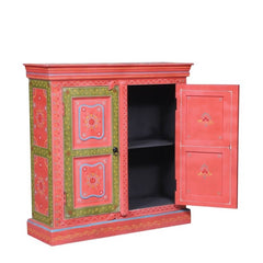 Bleached Hand Painted Indian Solid Wood Floral Design Storage Cabinet