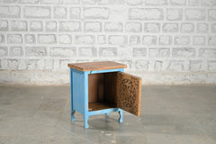 Indian Solid Wood Hand Carved Bedside Blue