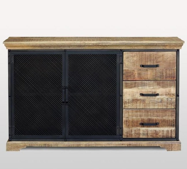 Angle Industrial Mesh Black Metal Sideboard with wooden drawers 140x40x90cm