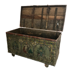 Vintage Hand Painted Indian Solid Wood Merchants Chest Storage Box