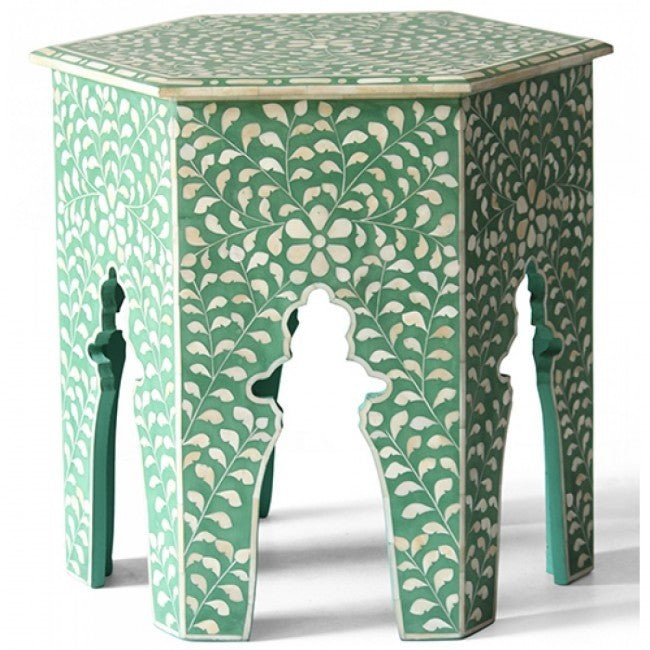 Maaya Bone Inlay Round Side Table Green White Floral