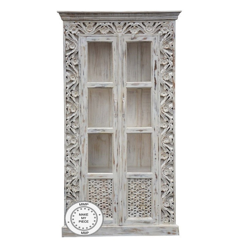 Mandala Hand Craved Indian Solid Wood Bookshelf Cabinet With Glass Doors