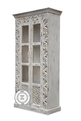 Mandala Hand Craved Indian Solid Wood Bookshelf Cabinet With Glass Doors