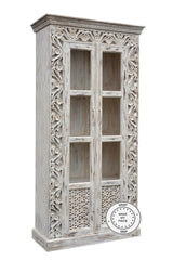 Mandala Hand Craved Indian Solid Wood Bookshelf Cabinet With Glass Doors