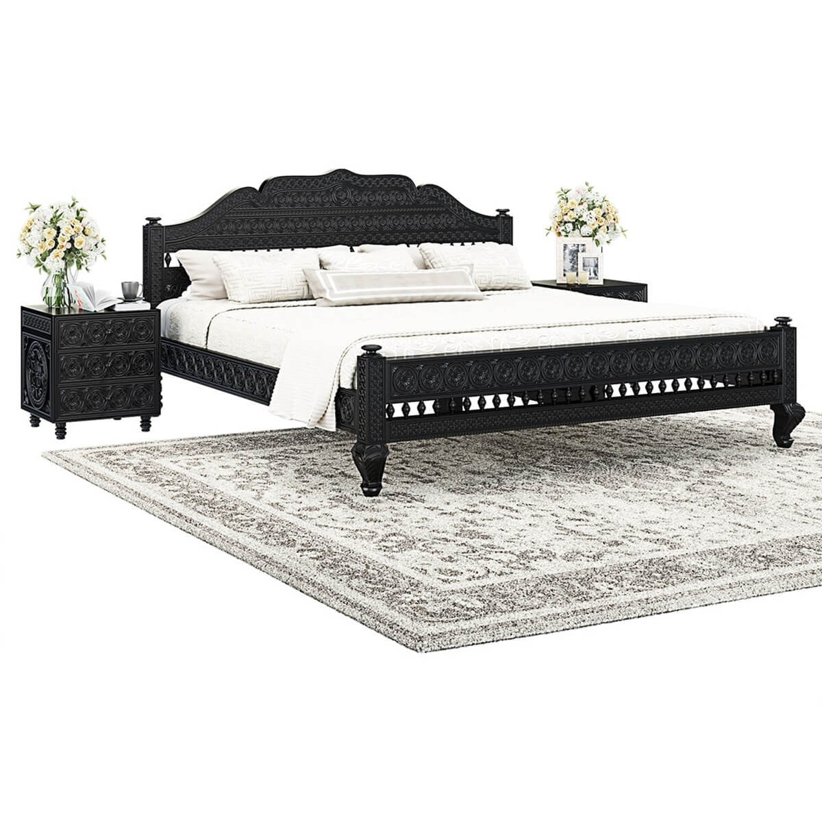 Floral Hand Carved Indian Solid Wood Platform Bed With Mehrab Style Headboard