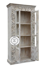 Mandala Hand Craved Indian Solid Wood Bookshelf Cabinet With Glass Doors