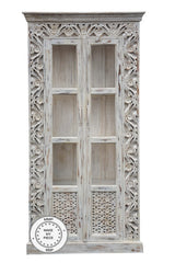 Mandala Hand Craved Indian Solid Wood Bookshelf Cabinet With Glass Doors