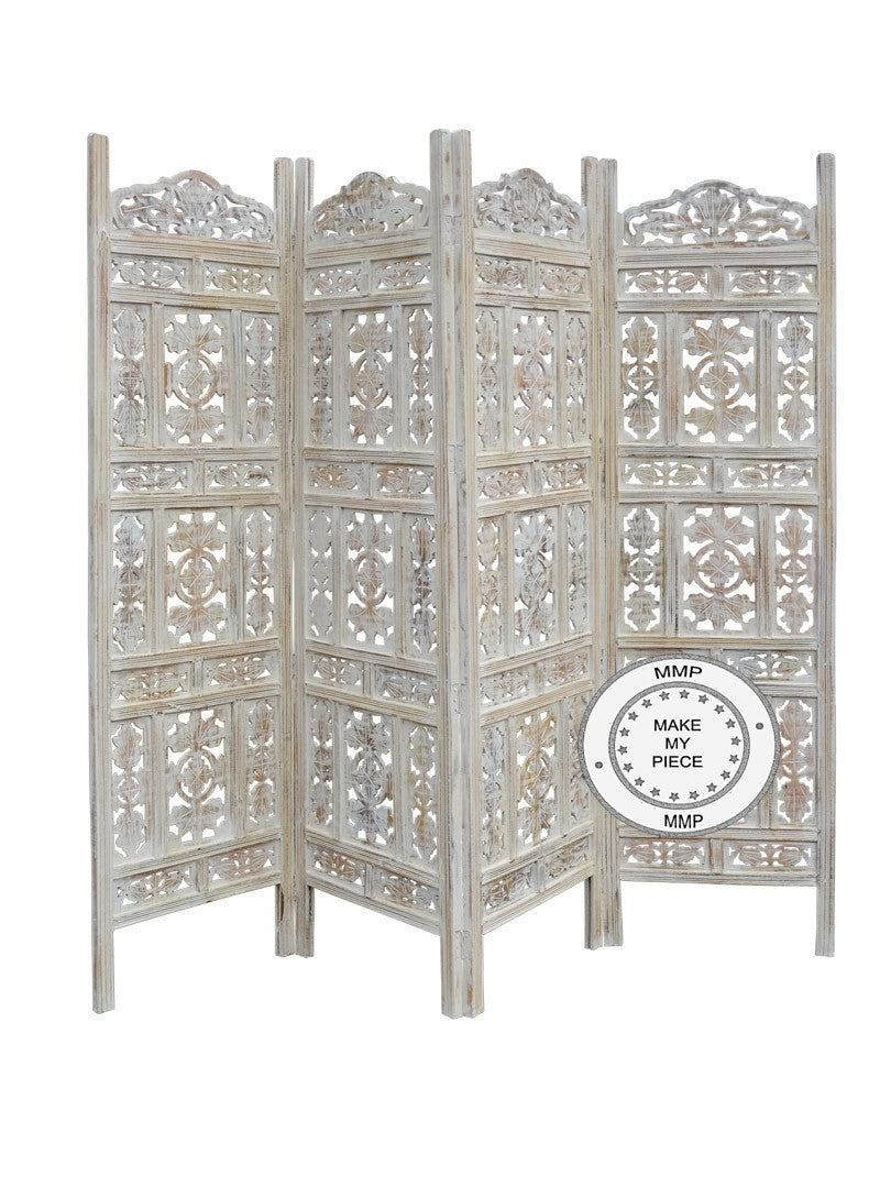 Mandala Hand Carved Indian Partition Screen Room Divider White