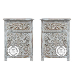 Indian Hand Carved bedside table set of 2 White