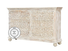 Whitewashed Indian hand carved Chest of drawers 140x40x90 cm