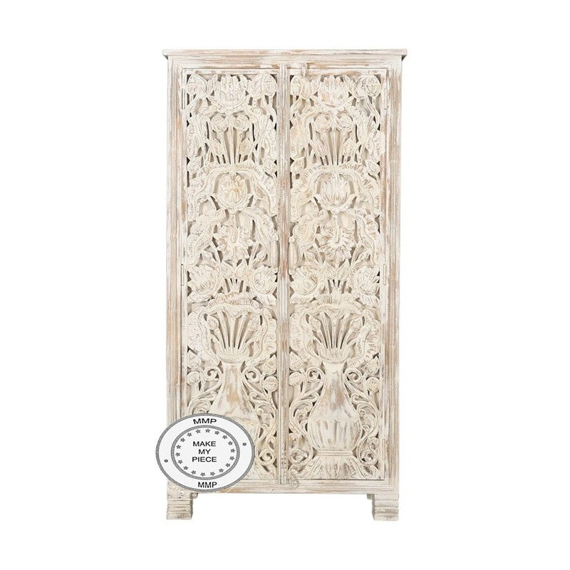 Mandala Hand Craved Indian Solid Wood Wardrobe Cabinet With Carved Doors White