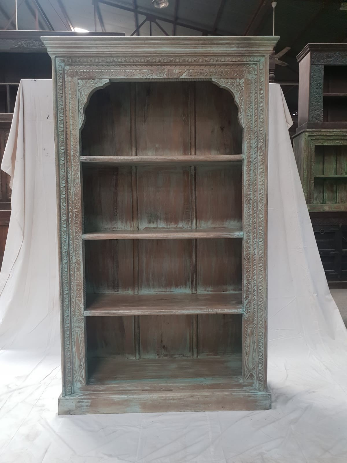 Indian Mughal Hand Carved Solid Wooden Beautiful Bookcase Bluewash 108x42x178cm