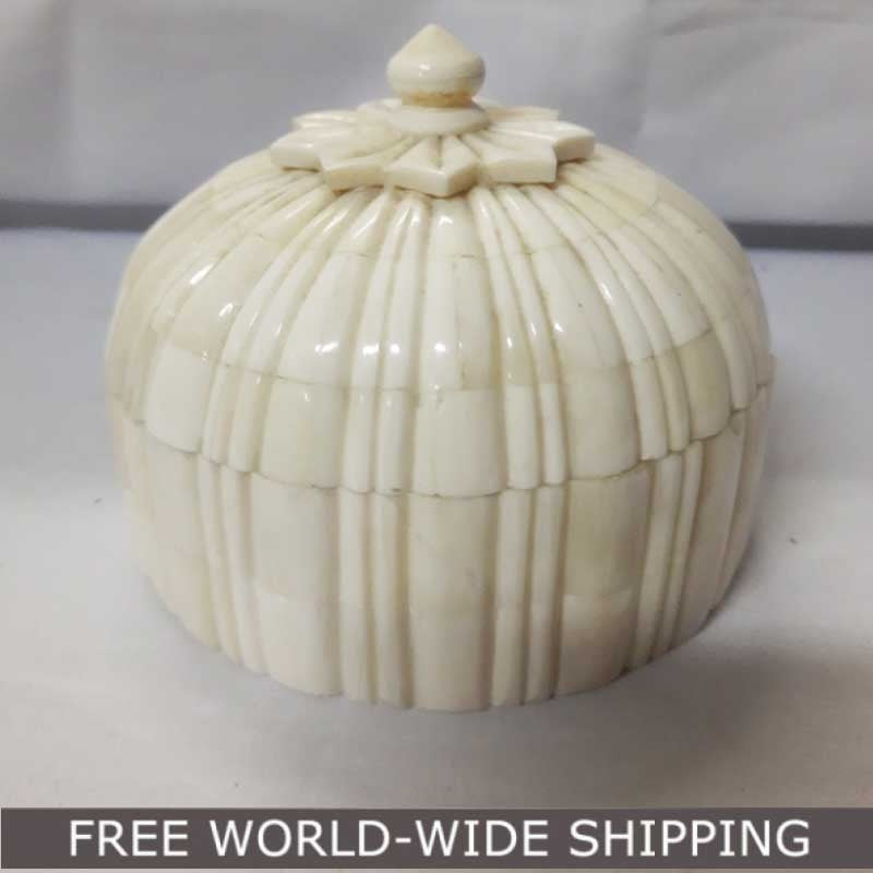 Real Bone Inlay Designer Luxury Round Jewellery Box Gift Storage White G