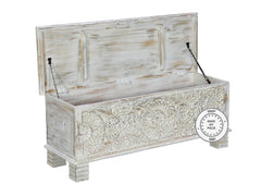 Indian Hand Carved White Chest Storage Box Blanket Box