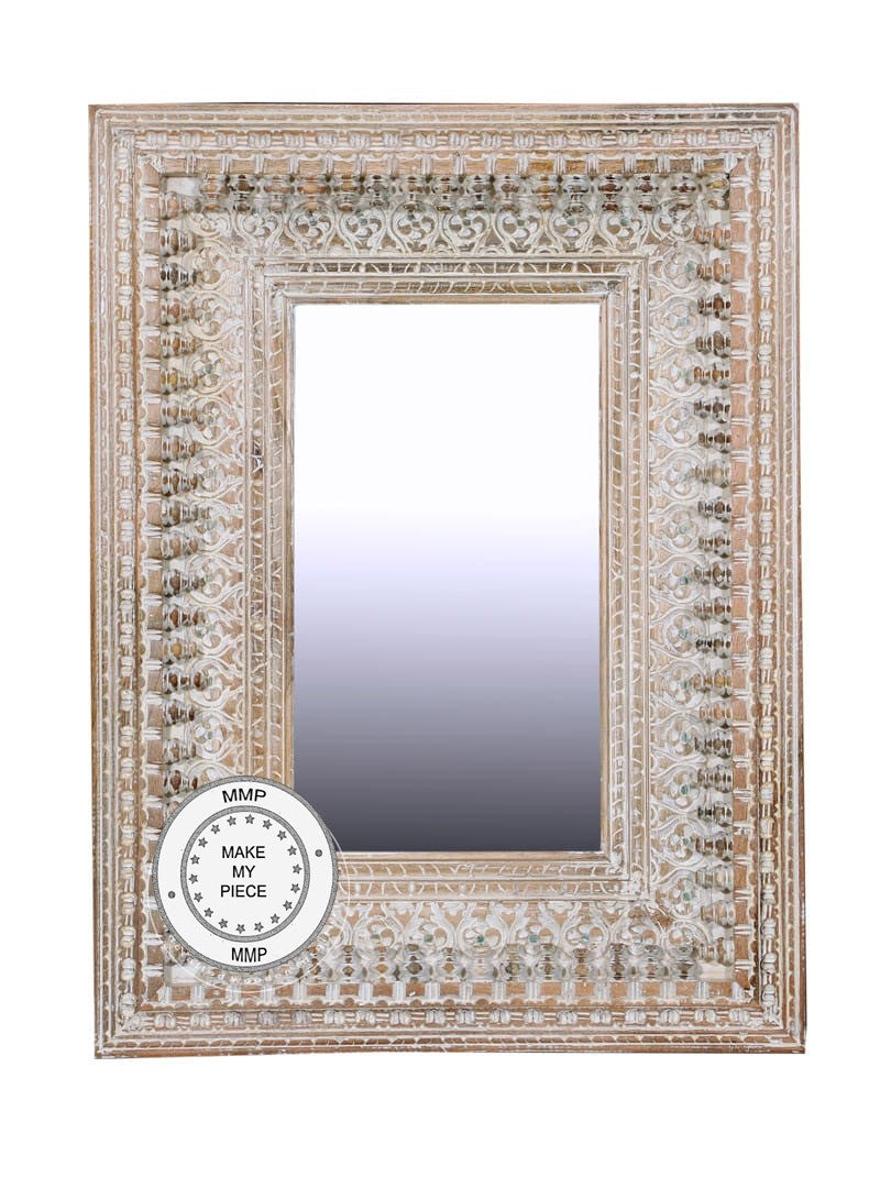 Mandala Hand Craved Solid Wood Carved Mirror With Frame White