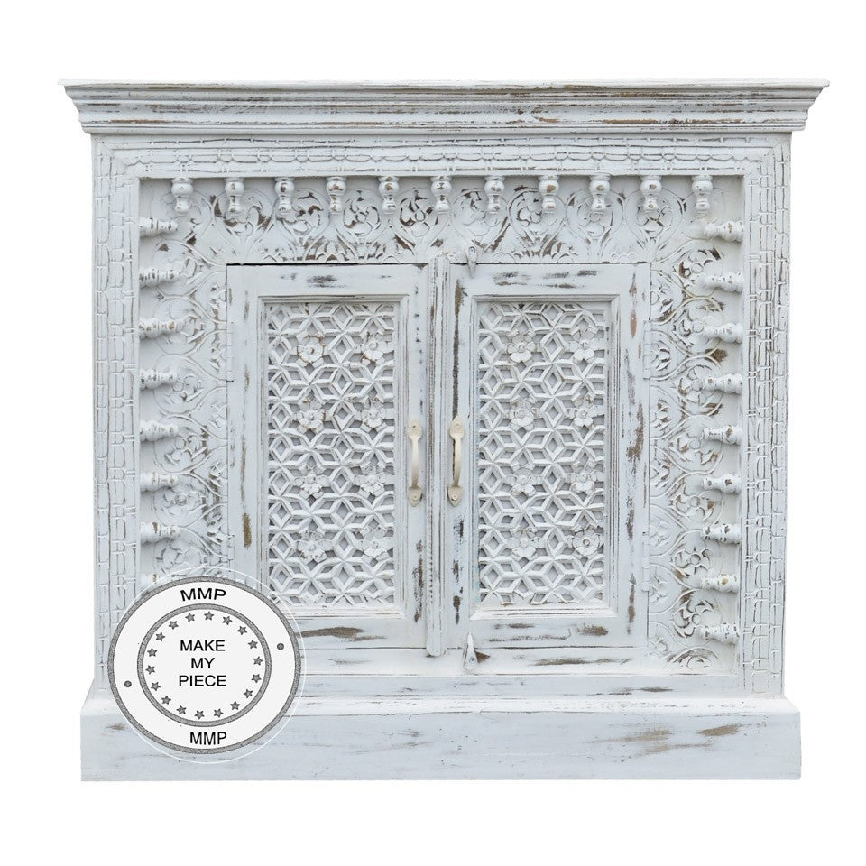 Mandala Indian Hand Carved Bleached Small Cabinet White 110x40x100 CM