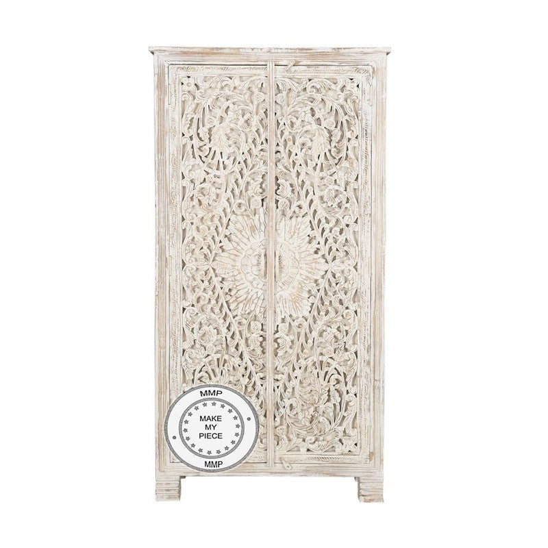 Mandala Hand Carved Wooden Wardrobe Cabinet With Carved Doors White