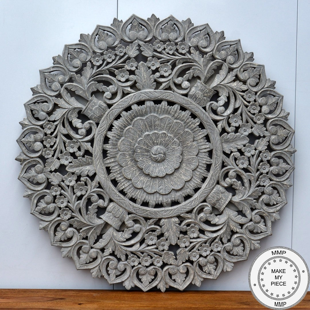 Dynasty Hand Carved Indian Wooden Round Wall Decorative Carved Panel Grey