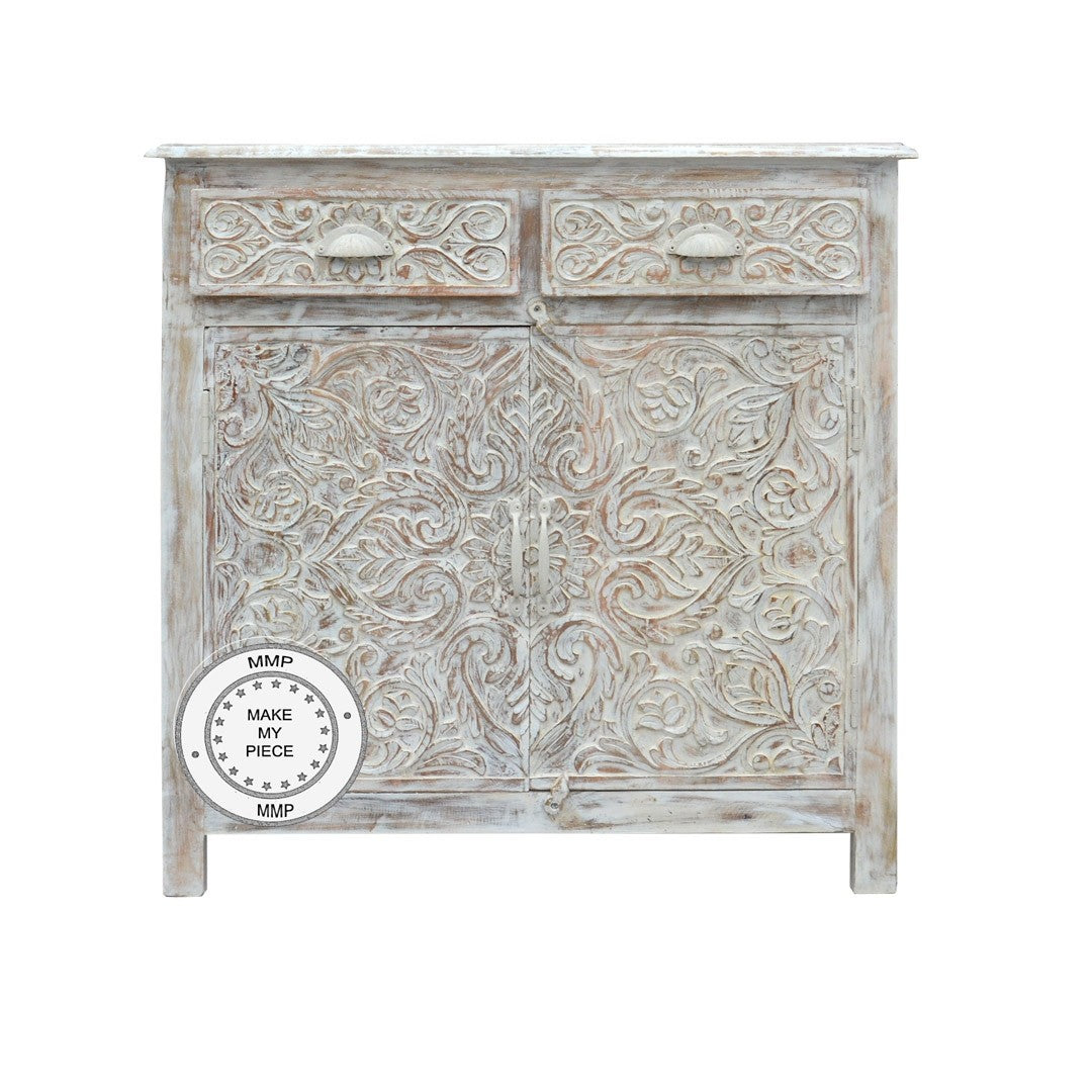 Mandala Indian Hand Carved Small Cabinet With Drawers White 90x40x90 CM