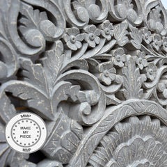 Dynasty Hand Carved Indian Wooden Round Wall Decorative Carved Panel Grey