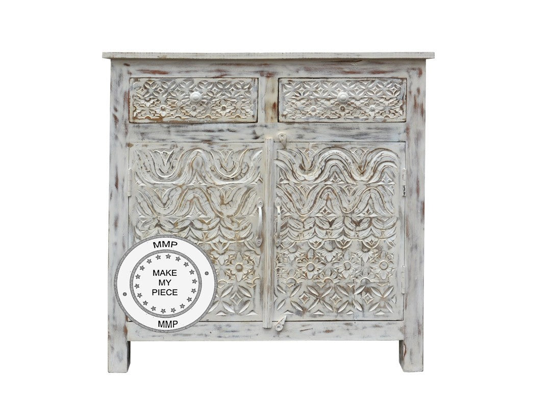 Mandala Indian Hand Carved Small Cabinet With Carved Drawers White