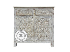 Mandala Indian Hand Carved Small Cabinet With Carved Drawers White