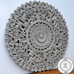 Dynasty Hand Carved Indian Wooden Round Wall Decorative Carved Panel Grey